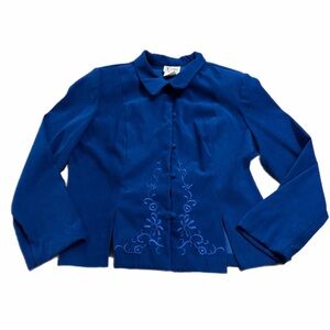 80s/90s Vintage K Studio Floral Embroidered Suedette Jacket (Royal Blue) Size 14